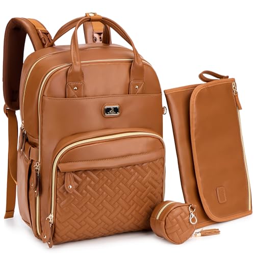 Dikaslon Leather Diaper Bag Backpack with Portable Changing Pad, Pacifier Case and Stroller Straps, Large Unisex Baby Bags for Boys Girls, Multipurpose Travel Back Pack for Moms Dads, Dark Brown - color: Vegan Leather Dark Brown