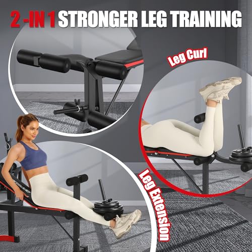 OPPSDECOR Adjustable Weight Bench with Leg Extension, Leg Curl & Preacher Curl, Foldable Workout Bench Set with Rack for Home Gym Full Body Strength Training