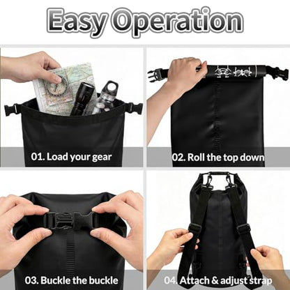 Waterproof Dry Bag 10L, Roll Top Closure Black Water Proof Backpack, Heavy Duty Hunting Backpack, Durable Floating Dry Bag for Kayaking Boating Hiking with 7" Black IPX8 Waterproof Phone Case - color: Black dry bag 10L + Phone pouch 7"