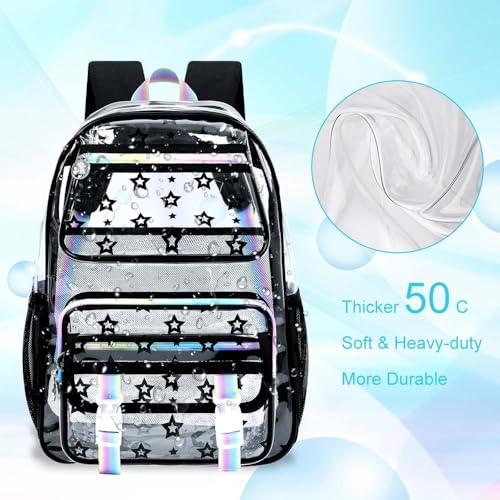 KLFVB 3PCS Clear School Backpack Heavy Duty, Girls See Through Bookbag Set, Cute Transparent Bag for Women - Star Black - color: Star Black Clear Backpack
