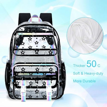 KLFVB 3PCS Clear School Backpack Heavy Duty, Girls See Through Bookbag Set, Cute Transparent Bag for Women - Star Black - color: Star Black Clear Backpack