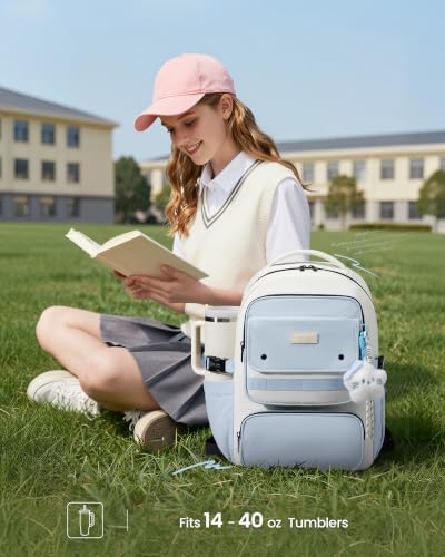 LOVEVOOK School Backpack for Teen Girl, Cute Bookbag with Large Bottle Holder, Lightweight Elementary Middle High School Student Backpack Fits 15.6 Inch Laptop, Back to Schools Kid Gift, Blue-Cream - color: Light Blue - Cream, size: 15.6 Inch