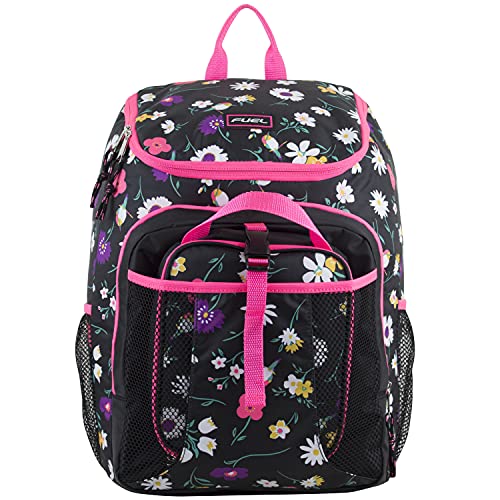 FUEL Top Loader Backpack with Lunch Box Combo – 18” Two Compartment Water Resistant Durable Adjustable Straps with Side Water Bottle Pockets 2 in 1 Set – Black & Pink Flowers - color: Ditsy Floral Bird Print/Black/Pink Sizzle