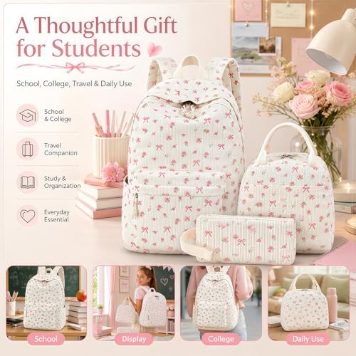 Bluboon School Backpack Set Girls Womens Laptop Bookbag Casual Daypack Fits 15 inch Laptop with Lunch Tote Bag and Pencil Bag - color: Pink Bow Flower 212-beige