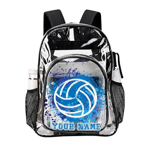Custom Volleyball Clear Backpack Heavy Duty for Girls Kids Boys | Large Cool PVC Volleyball Theme Printing Transparent Backpacks for Schools Stadium Concerts Work - Clear/Black - color: Volleyball Clear Backpack 2 Black With Front Pocket Custom