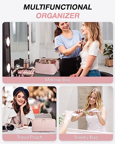 BAGSMART Makeup Bag, Travel Cosmetic Bag Organizer, PU Leather Water-Resistant Pouch, Open Flat Makeup Storage for Toiletries, Brushes, PU Leather Pink - color: 24-A-Pink