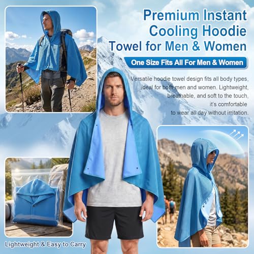 Cooling Hooded Beach Towel Cloak for Men Women - Double Layer PVA Fabric Cool Towel Cape, Instant Cooling Soft Ice Towelfor Beach Yoga Camping (Blue) - color: Blue