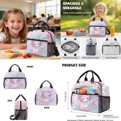 Cherry Blossom Axolotl Backpack for Girls Kids Backpacks with Lunch Box Pencil Pouch Water Bottle Sleeve 4PCS Set 1st Grade Backpack Girls Bookbag for Primary Elementary School Bag - color: Axolotl Cherry Blossom