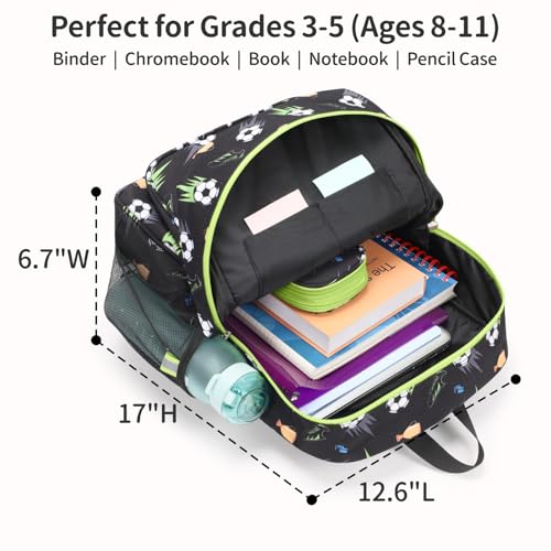 Kids Backpack for Boys - 17 Inch Insulated School Bag Ages 8-10 | Elementary Backpack for Grades 3-5, Fits Binder Laptop, Insulated Pocket, Reflective Strips, S-Curve Straps, Black Soccer - color: Black Football