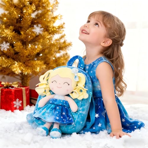 Gloveleya Toddler Backpack Baby Girl Gifts Plush Curly Girl Doll Backpacks Blue Dress with Glitter Stars 9 inches - color: A001 Hot Stamping Blue Backpack, size: 9 inches
