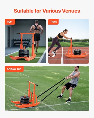 VEVOR Football Sleds and Chutes, Weight Sled, Football Training Pull Push Running Sled, Fitness Workout Sled Push Gym Equipment, Adjustable Height Handle, Compatible 1/2 in Weight Plates - style: T-Handle Orange