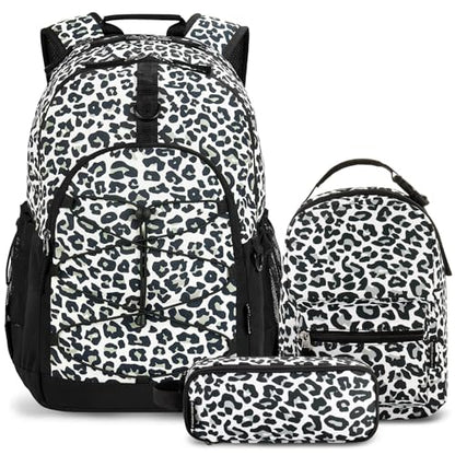 Choco Mocha Girls School Backpack with Lunch Box, Snow Leopard Backpack Set for Teen Girls 18 Inch Backpacks, 3 Pcs - color: Snow Leopard