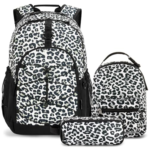 Choco Mocha Girls School Backpack with Lunch Box, Snow Leopard Backpack Set for Teen Girls 18 Inch Backpacks, 3 Pcs - color: Snow Leopard