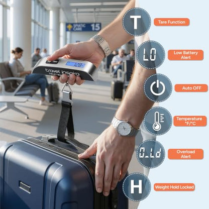 travel inspira Digital Luggage Scale – Portable Hanging Suitcase Weight Scale for Travel, 110 lb Capacity, Backlit LCD Display, Prevents Airport Overweight Fees, Battery Included - color: Silver