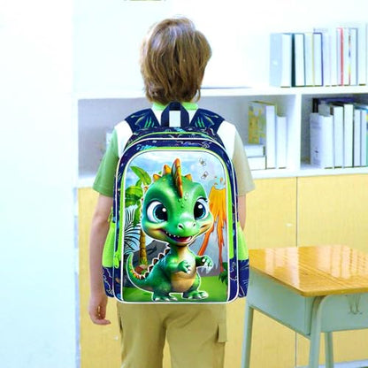 3Pcs Dinosaur Backpack for Boys, 16" Bookbag with Lunch Box, Kids School Backpacks Set for Elementary Preschool Kindergarten (Green) - color: Dinosaur Green