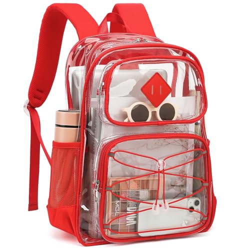 Clear Backpacks for Girls Women, Heavy Duty PVC Transparent Back Pack See Through Boys Kids Clear Bookbags for School Red - color: Red