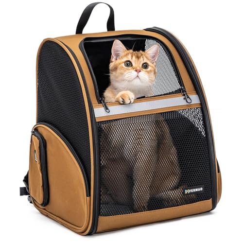 Cat Backpack Carrier for Small Dogs and Medium cat Puppy Kitten Bunny Pet Carrier Backpack Collapsible with Fully Ventilated Mesh with Safety Leash (Brown, 12.9" L x 10.62" W x 15.5" H - M) - color: Brown, size: Medium
