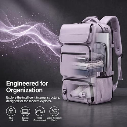 Travel BackpackWaterResistant Large LaptopBackpack with Shoe CompartmentMulti-Pocket Carry On Backpack for Business Work Trip - color: Purple