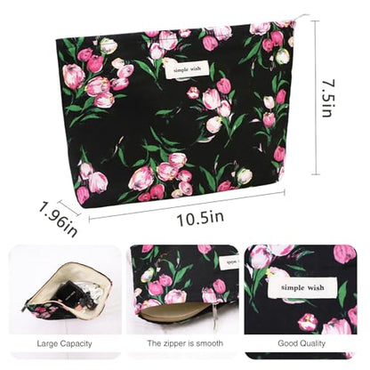 Wudygirl Makeup Bag Aesthetic Makeup Pouch Toiletry Bag Canvas Cosmetic Bag for Women and Girls Large Capacity Travel Makeup Bag Cute Pencil Pouch with Zipper (Black and Red Floral) - color: Black Floral