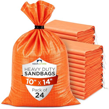 Heavy Duty Sand Bags Pack of 24, Bright Orange Empty Sandbags with Built-In Ties, Woven Polypropylene UV Protection 1600 Hours, Fillable Bags for Flood Control, Weight, 10x14 inches, 15 Pounds Volume - size: 10"W x 14"L, style: Pack of 24