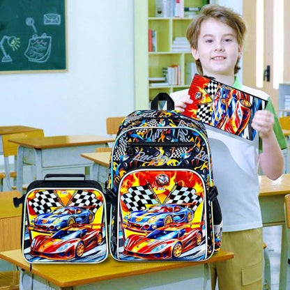 HPJGD 3PCS Bookbag for Boys, 16" Race Car Preschool Backpack Set with Clip-On Lunch Box, Kids Water-Resistant School Bag for Elementary - Thrill Racing - color: Uv Printing Race Car Clip-on Backpack
