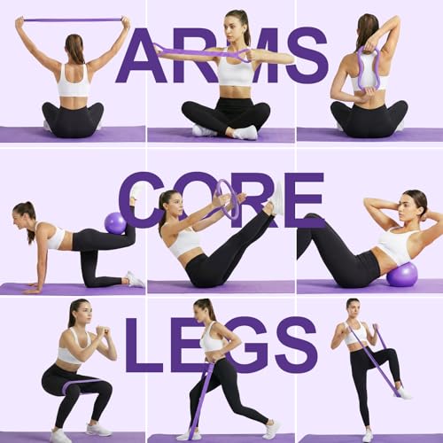 Home Pilates Ring and Ball Set for Women with 5 Resistance Bands 13 inch Magic Circle Workout Starter Kit for Beginners Full Body Toning 15 Min Daily Routine - color: All Purple