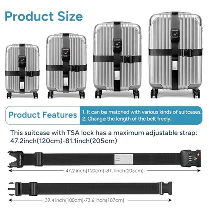Travel Inspira TSA Accepted Luggage Straps Cross Belt for 20-28 Inch Suitcases Adjustable 103-200cm (40-79 Inch) Nylon Webbing with ABS Quick Release Buckle - color: Cross Black-New