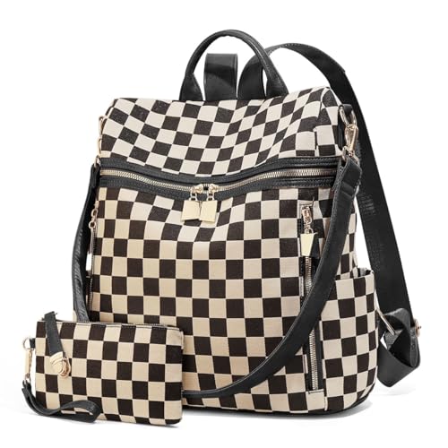 Checkered Backpack Purse - Checkered Bags for Women Plaid Backpack Handbags Back Pack Purse for Work (Black) - color: A02-black