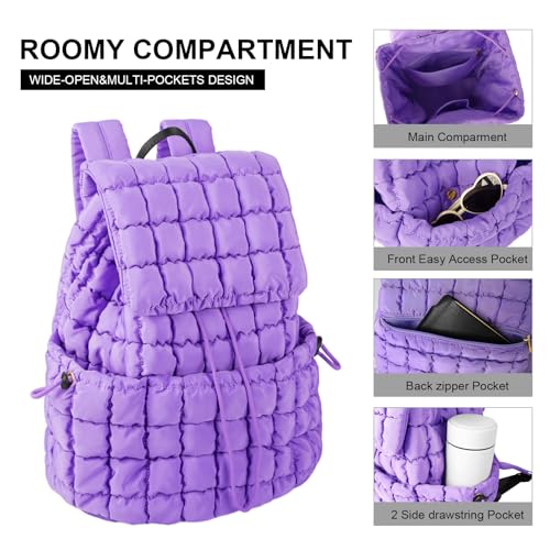 XSUIOY Quilted Backpack Purse for Women Small Lightweight Puffer Puffy College Laptop Backpack Nylon Casual Bookbag Daypack Top Flap Drawstring Padding Hiker Travel Gym Backpack(Purple) - color: Purple