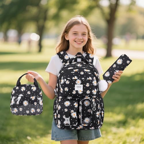 ACESAK Backpack for Girls - Girls Backpack with Lunch Bag & Pencil Pouch for Teen Kids Laptop Backpack for Women, Elementary Middle High School Bookbag Travel Daypack (Black Daisy) - color: Black Daisy