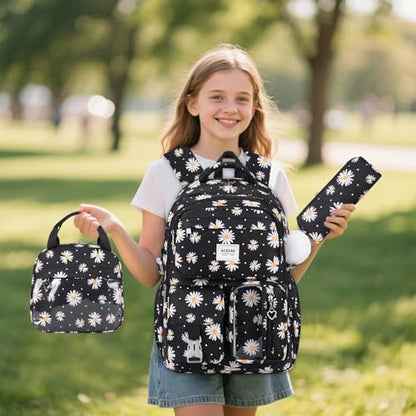 ACESAK Backpack for Girls - Girls Backpack with Lunch Bag & Pencil Pouch for Teen Kids Laptop Backpack for Women, Elementary Middle High School Bookbag Travel Daypack (Black Daisy) - color: Black Daisy