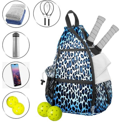 Pickleball Bag for Women & Men – Lightweight Sports Backpack with Paddle Compartments, Dual Carry Modes, Detachable Zippered Strap, Brown Leopard, Great Gift Option for Players - color: Blue Leopard