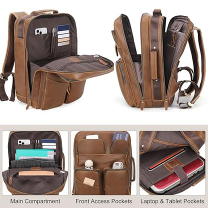 TIDING 17.3 Inch Full Grain Leather Laptop Backpack for Men Multi Pockets Casual Daypack Travel Rucksack - color: Brown