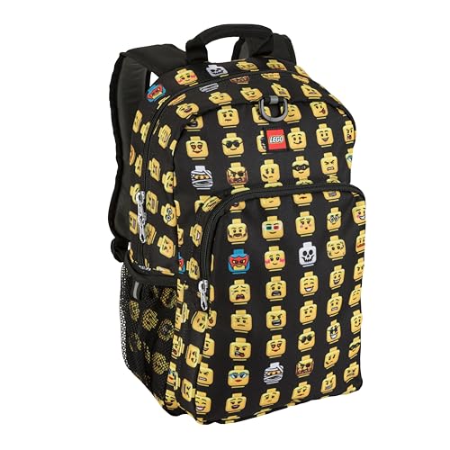 LEGO Iconic Prints Kids School Backpack Bookbag, for Travel, On-the-Go, Back to School, Boys and Girls, with Adjustable Padded Straps and Fun patterns, Minifigure - color: Minifigure, style: Heritage Style