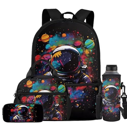 Colorful Astronaut Backpack for Boys Back to School Backpack with Lunch Box Water Bottle Carrier and Pencil Case 4 in 1 Kids Bookbag for Elementary School Backpacks with Adjustable Straps - color: Colorful Astronaut