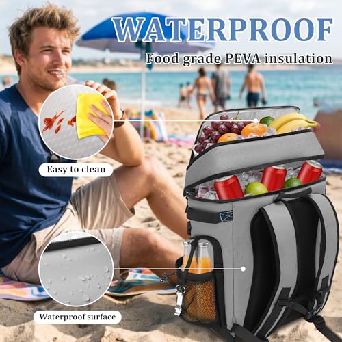 30L Cooler Backpack for Men Women, Leak Proof & Waterproof, Double Decker Insulated Backpack Cooler for Beach Camping Picnic (7.93 Gal, 48 Can) - color: Gray