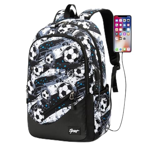 Soccer-Print Boys Backpack for School Kids Bookbag Football School Bag - color: Football Black 01, size: Style A-with USB Port