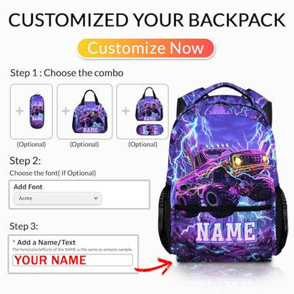 Boys Backpack Truck Backpacks Personalized Name for Kids Toddler, Large Capacity Bookbag for School Travel Outdoor - color: Purple