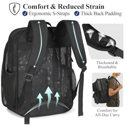 PACKISM Mesh Backpack for School - 18 Inch Extra Large Heavy Duty Mesh Bookbag for Boys Girls, See Through School Backpack with 3 Front Pockets for Students, Black (Age 12+) - color: 03 Black, style: 18“ Pro Series (3 Front Pockets)