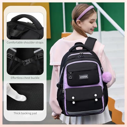 CYOQX 3PCS School Backpack for Girls with Lunch Box Teen Girl Backpack Set Elementary Middle High School Bag Large Cute Bookbags Kids Book Bag - color: Black Purple 3pcs