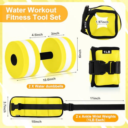Hollowfly Water Aerobics Set, 4 Piece Pool Exercise Kit (2 Aquatic Dumbbells + 2 Ankle/wrist Weights), EVA Foam, Low-impact Workout - color: Neon Yellow, size: 1lb