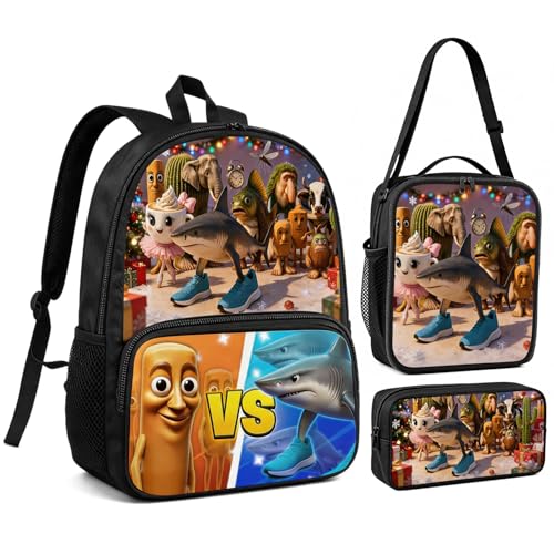 Zhazieon Adjustable Rucksack Lunch Bag Pencil Case Tung Tung Tung Sahur Backpacks 3pcs Set (Black-C3) - color: Black-c3