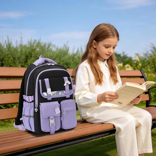 MUSEVOS Girls Backpack, Kids Backpack for Girls, School Bookbag for Teens Age 6-15, Large Capacity Water Resistant Backpack for Elementary to High School, Cute Travel Daypack, Black Purple - color: Black Purple