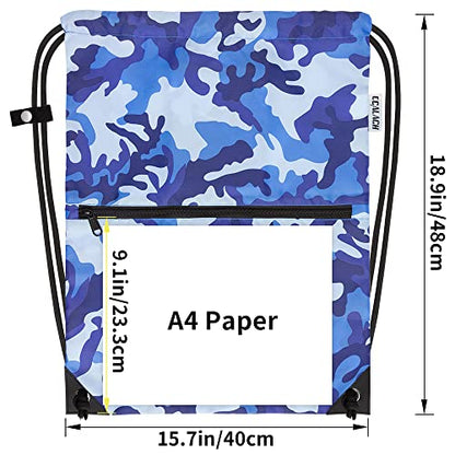 draw string back bag, Large Gym Sports string backpack for men and women with front zipper pocket and inside zipper pocket to keep key or phone(blue camo) - color: Blue Camo, style: Drawstring With Front Pocket