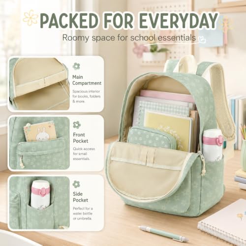 LEDAOU Backpack for Teen Girls Lightweight Kids Bookbag for Elementary Middle High School College Women Laptop Casual Daypack (Green Flowers) - color: Green Flowers