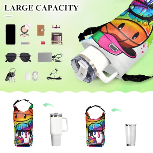 Drip-Style Cartoon Basketball Small Backpack with Water Bottle Holder Functional Hiking Water Bottle Carrier 20/24/32/40oz for Adults Kids Walking Hiking Camping Travelling Bolso para Botella