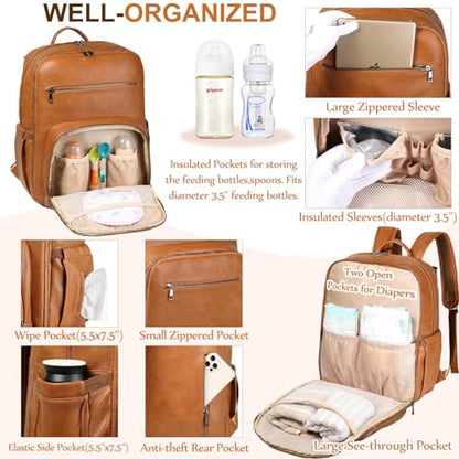 VASCHY Diaper Bag Backpack for Mum Dad, Unisex Large Waterproof Vegan Leather Baby Bag with Changing Pad,Insulated Pockets,Padded Laptop Sleeve for Travel,Brown - color: Tan