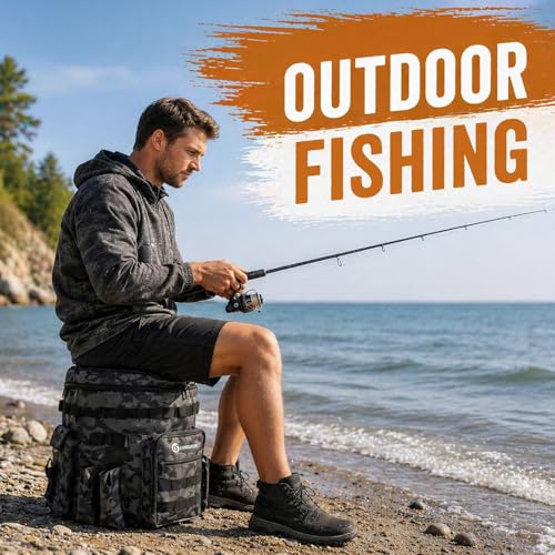 FUNHORUN Fishing Bucket Organizer with 5 Gallon Bucket & 360° Rotating Seat Lid, Fishing Tackle Bag with Backpack Straps, Full Water-Resistant Design & Multi-Pockets (Fishing Tools Not Included) - style: Complete Set (Including Bucket & 360° Rotating Seat
