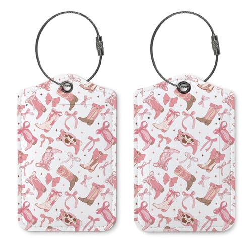 Coquette Cowgirl Luggage Tags for Suitcases 2 Pack, Pink Cowboy Boot Bow PU Leather Bag Tag with Privacy Cover Stainless Steel Loop, Travel Gifts for Women Teen Girls - color: Bow and Boots