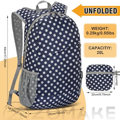 ZOMAKE Lightweight Packable Backpack 20L,Foldable Backpacks Small Daypack for Hiking Water Resistant Day Bag for Travel(Blue, White Polka Dot) - color: Blue, White Polka Dot